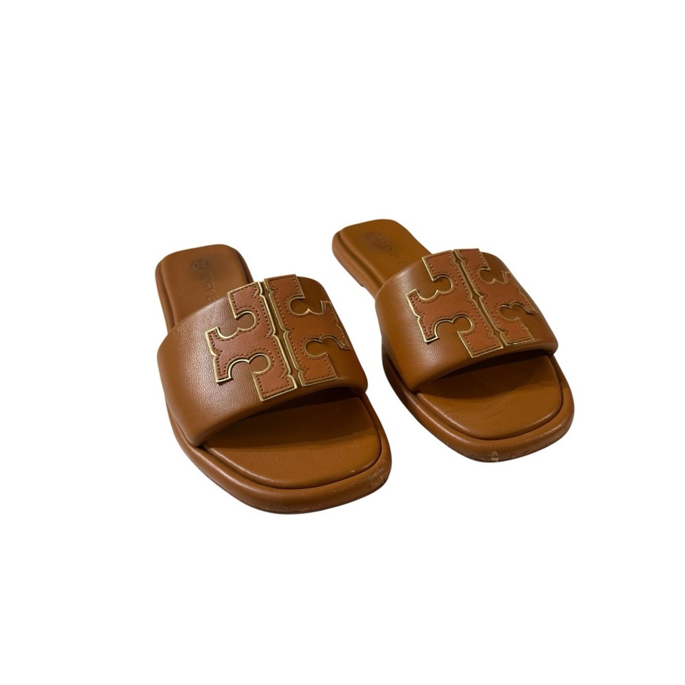 Tory Burch Double T Sport Slide Sandals Bourbon Miele Gold Size 9.5 READ
